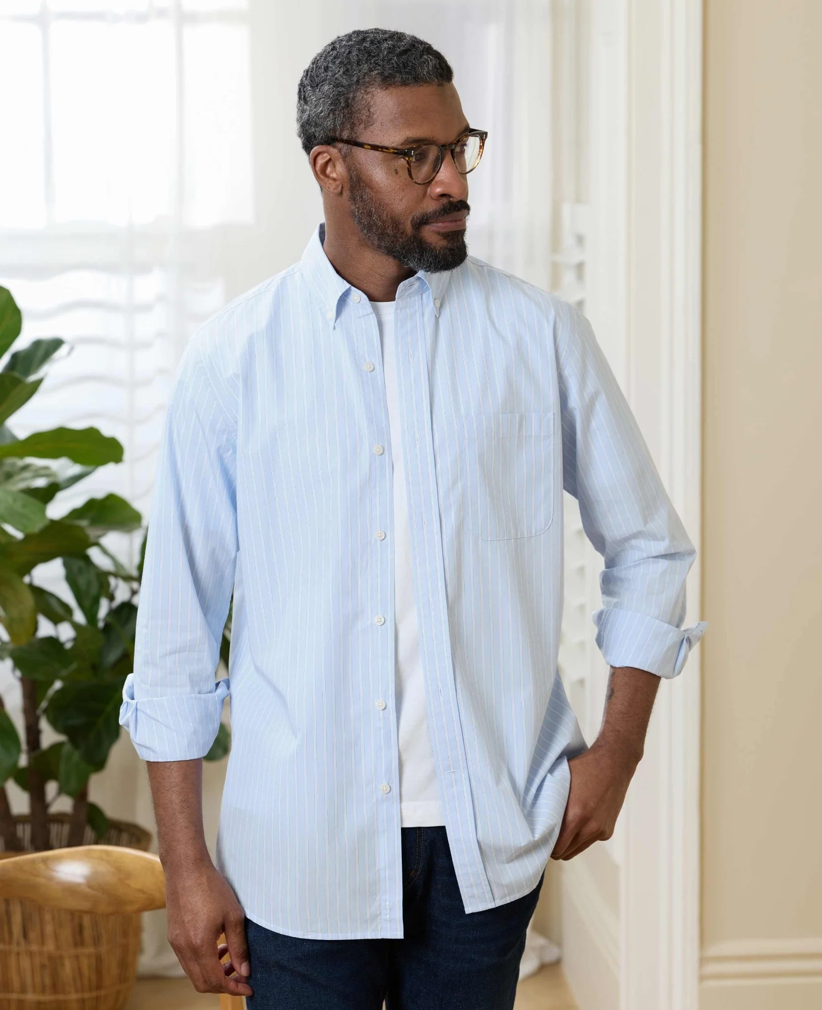 Blue Cotton Poplin Classic Fit Stripe Button-Down Smart Casual Shirt - Image 6