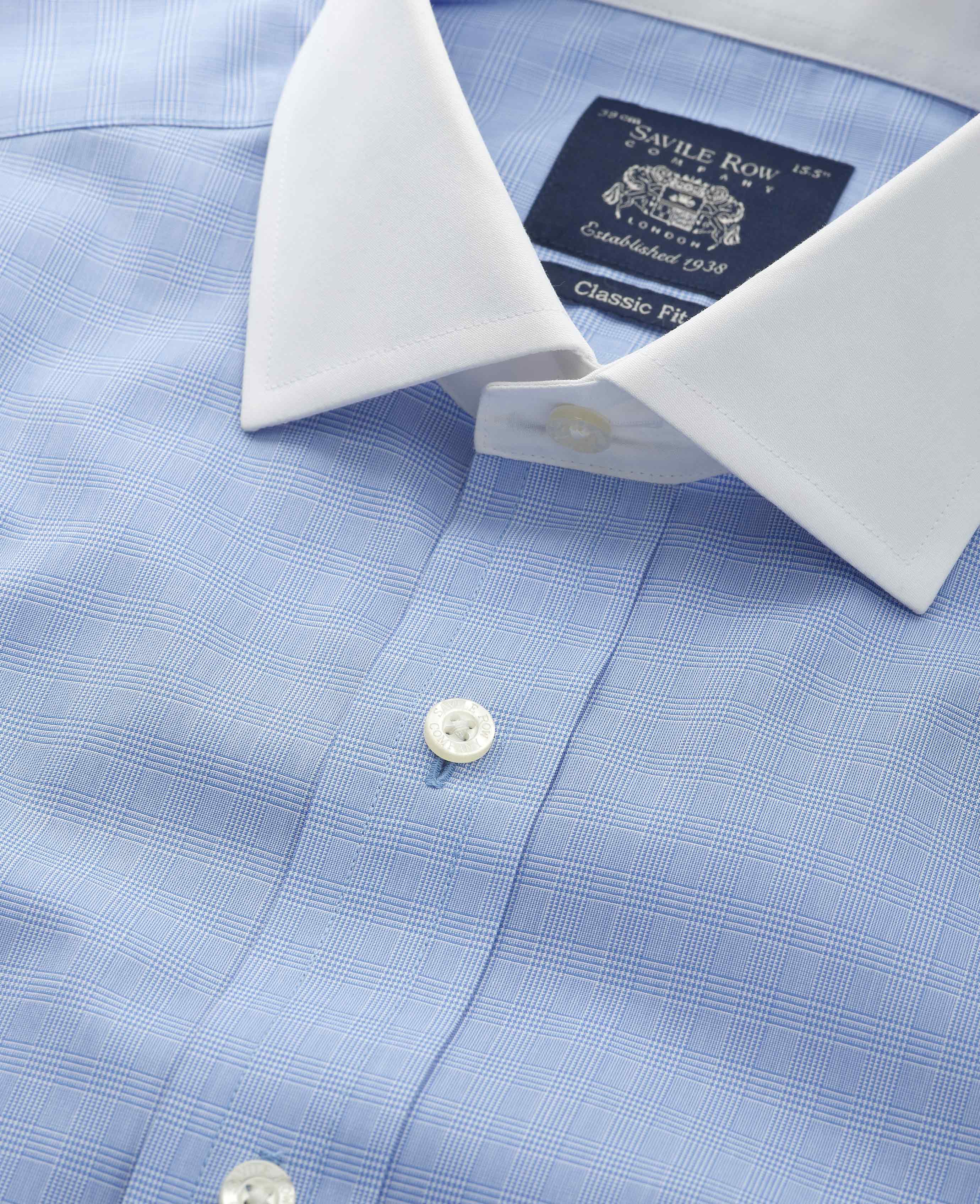 Blue Cotton Poplin Prince of Wales Check Classic Fit Non-Iron Shirt - Double Cuff - Image 3