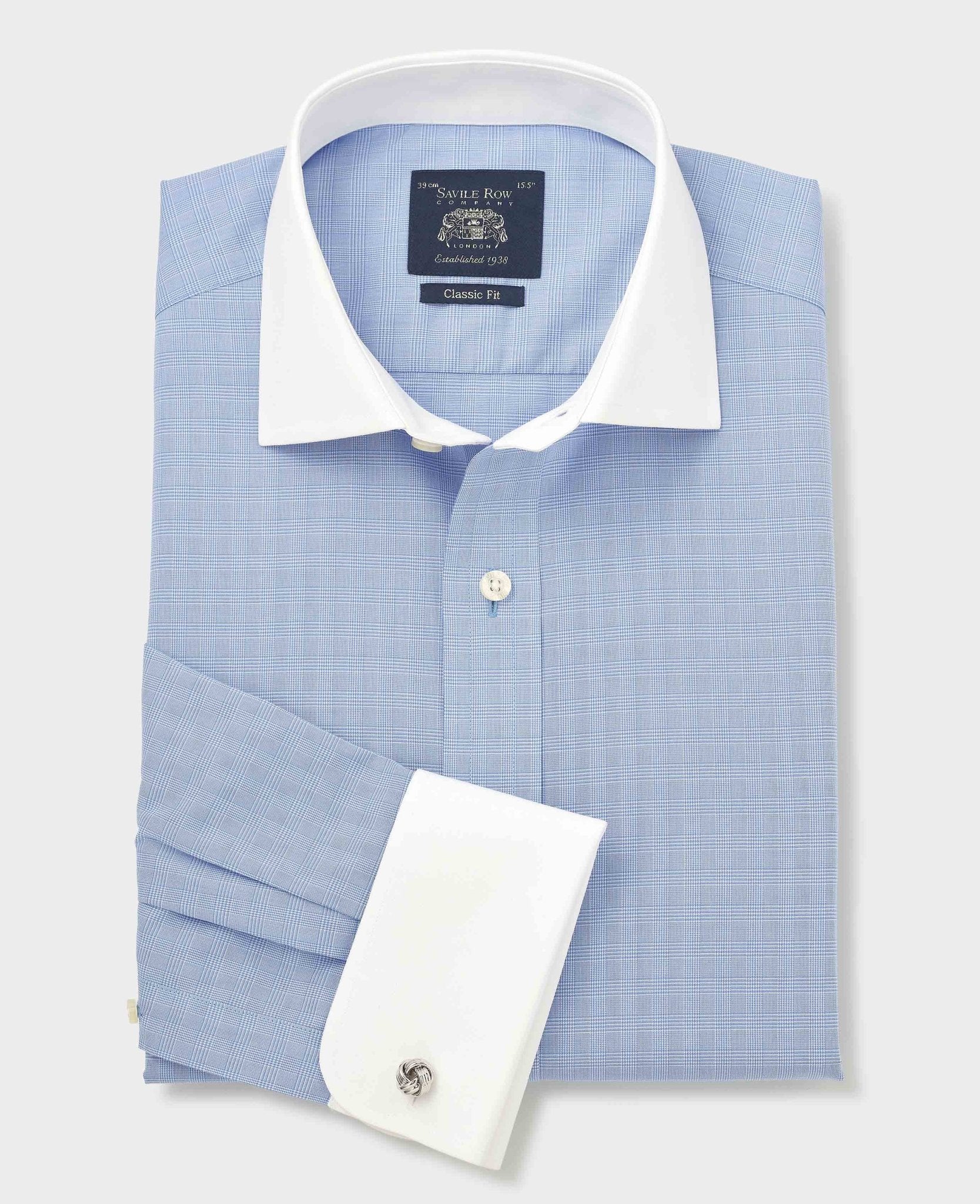 Blue Cotton Poplin Prince of Wales Check Classic Fit Non-Iron Shirt - Double Cuff - Image 5