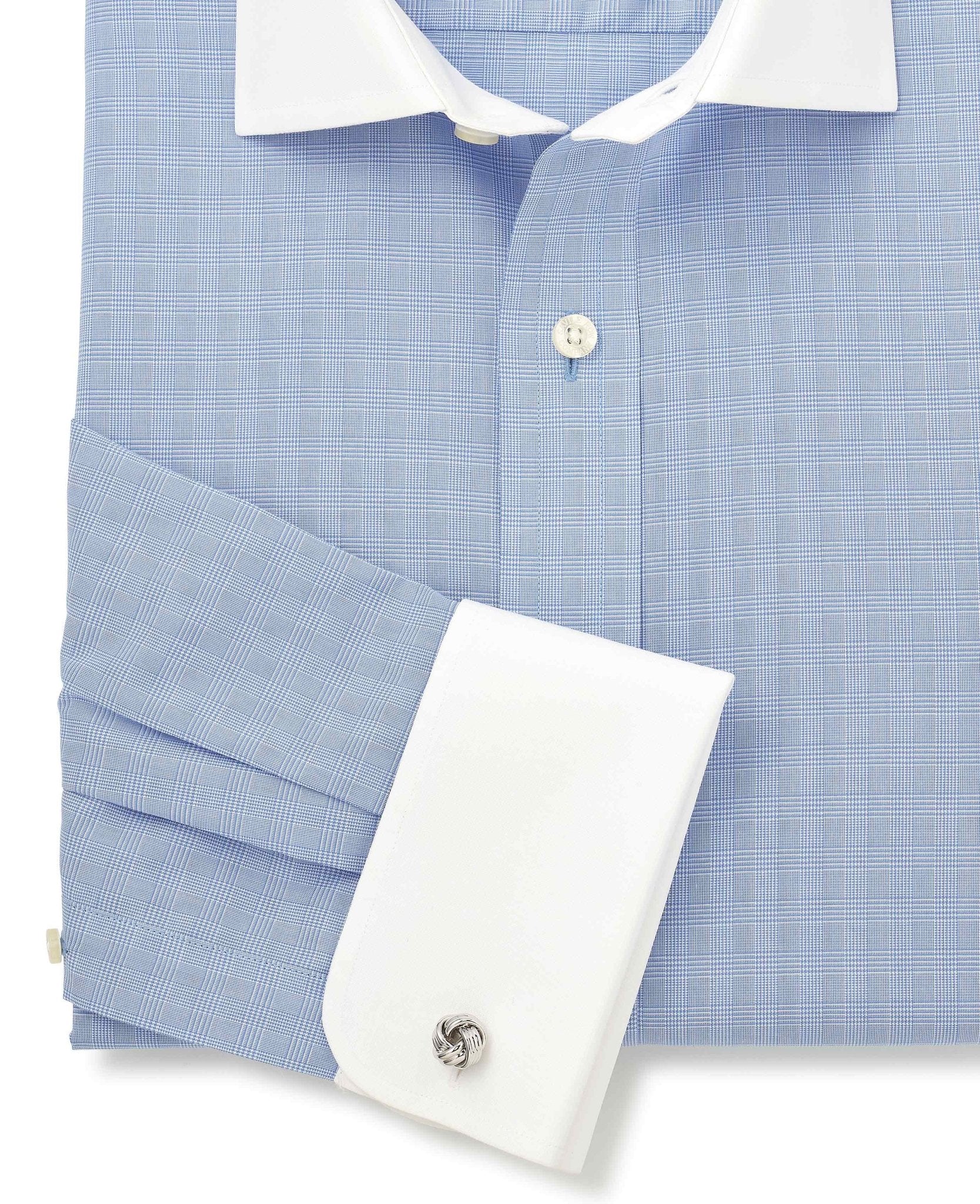 Blue Cotton Poplin Prince of Wales Check Classic Fit Non-Iron Shirt - Double Cuff - Image 6