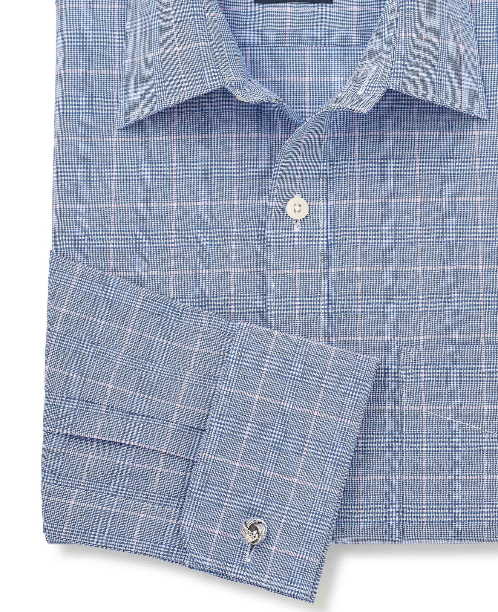 Blue Prince of Wales Check Cotton Classic Fit Winchester Formal Shirt - Double Cuff - Image 5