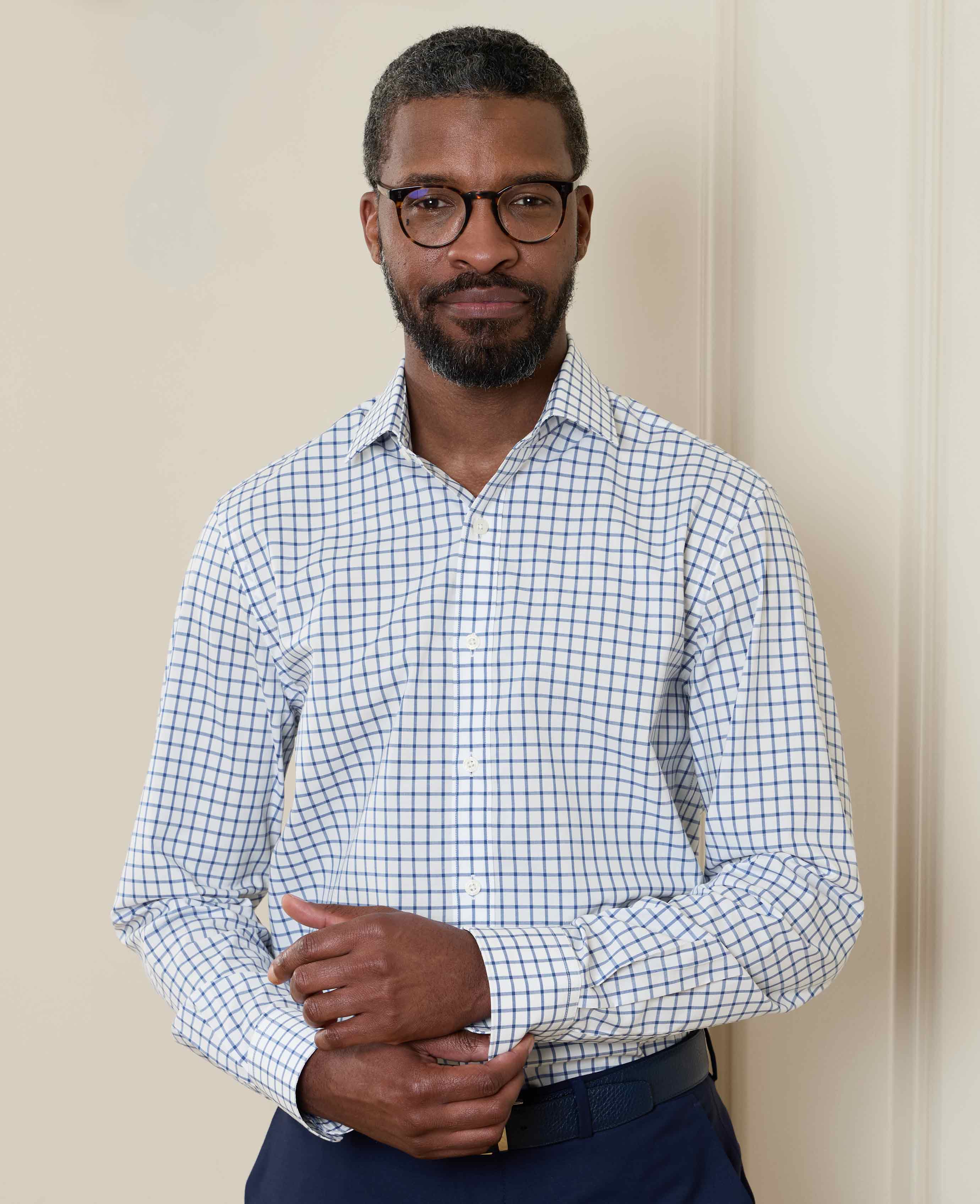 Blue White Cotton Poplin Window Check Slim Fit Formal Shirt - Single Cuff - Image 2