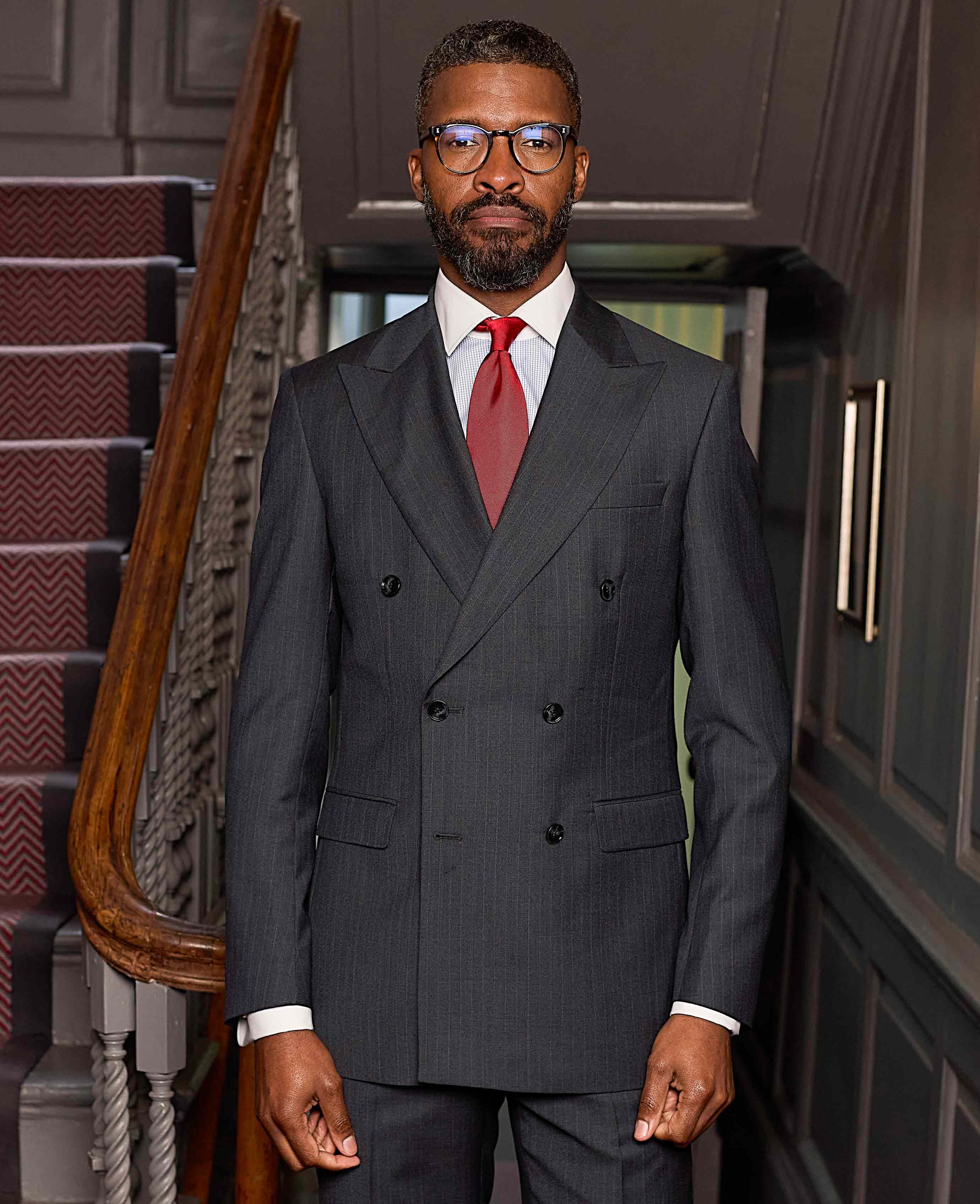 Grey Wool Blend Chalk Stripe Double Breasted Suit Jacket - Image 4