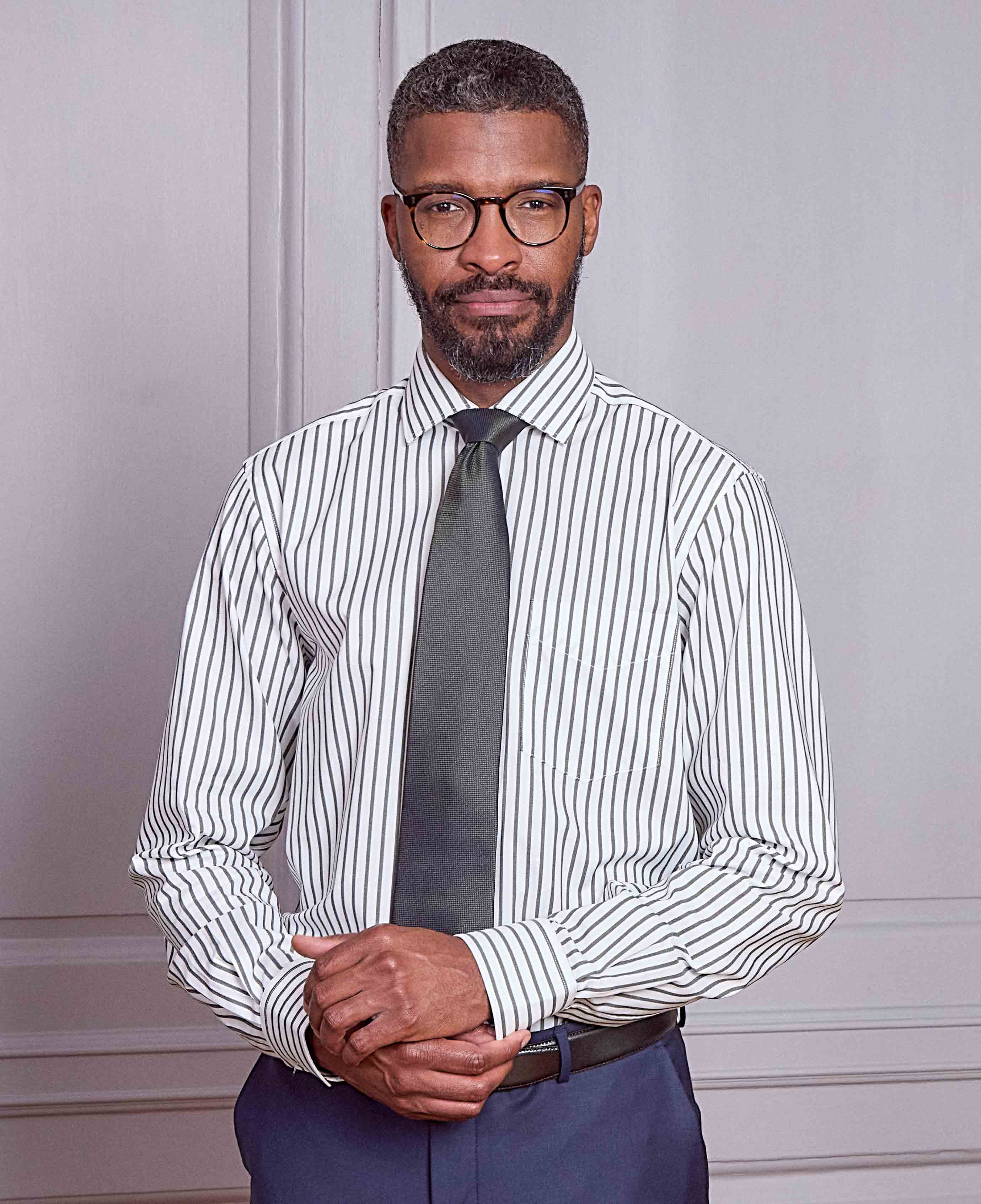 Khaki White Stripe Cotton Classic Fit Formal Shirt - Single Cuff - Image 2