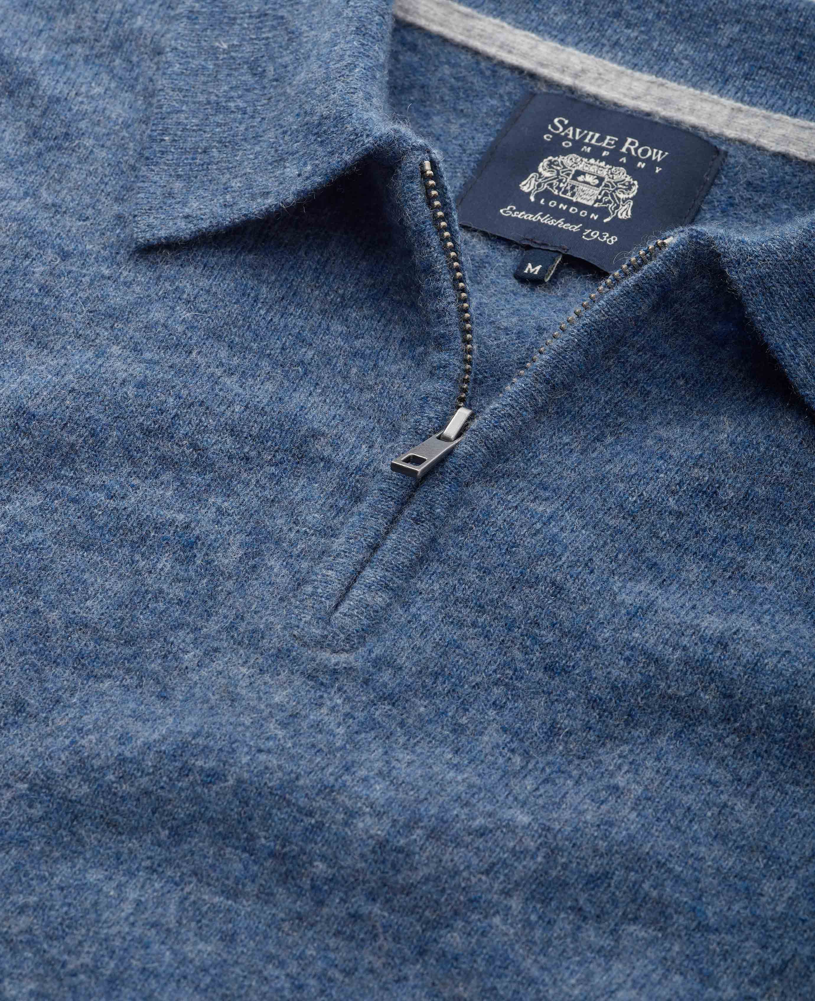 Navy Blue Merino Wool Cashmere Zip Neck Long Sleeve Polo Shirt - Image 2