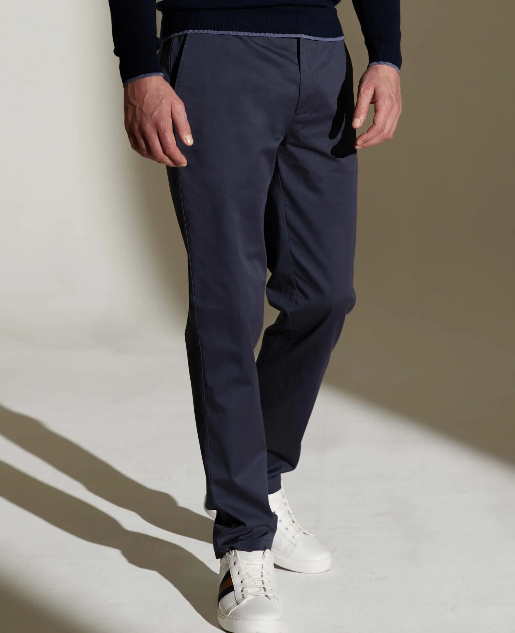 Navy Stretch Cotton Classic Fit Flat Front Chinos - Image 6