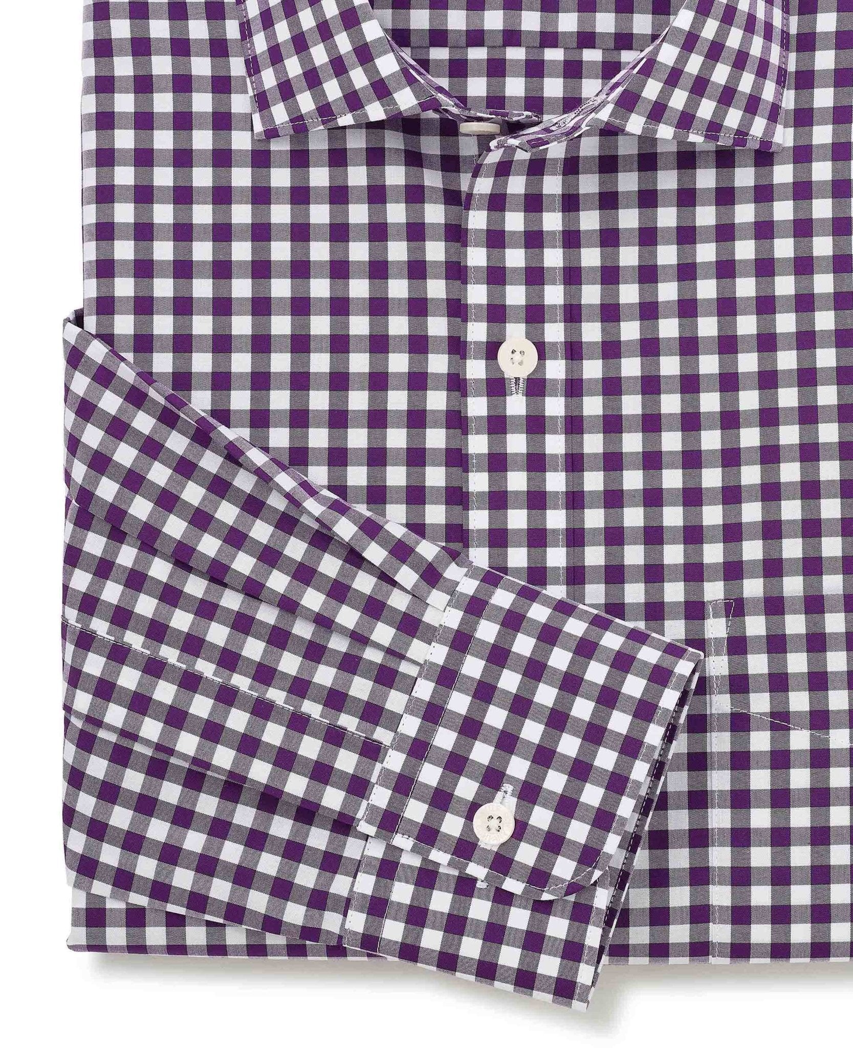 Purple Cotton Poplin Gingham Check Classic Fit Formal Shirt - Single Cuff - Image 5