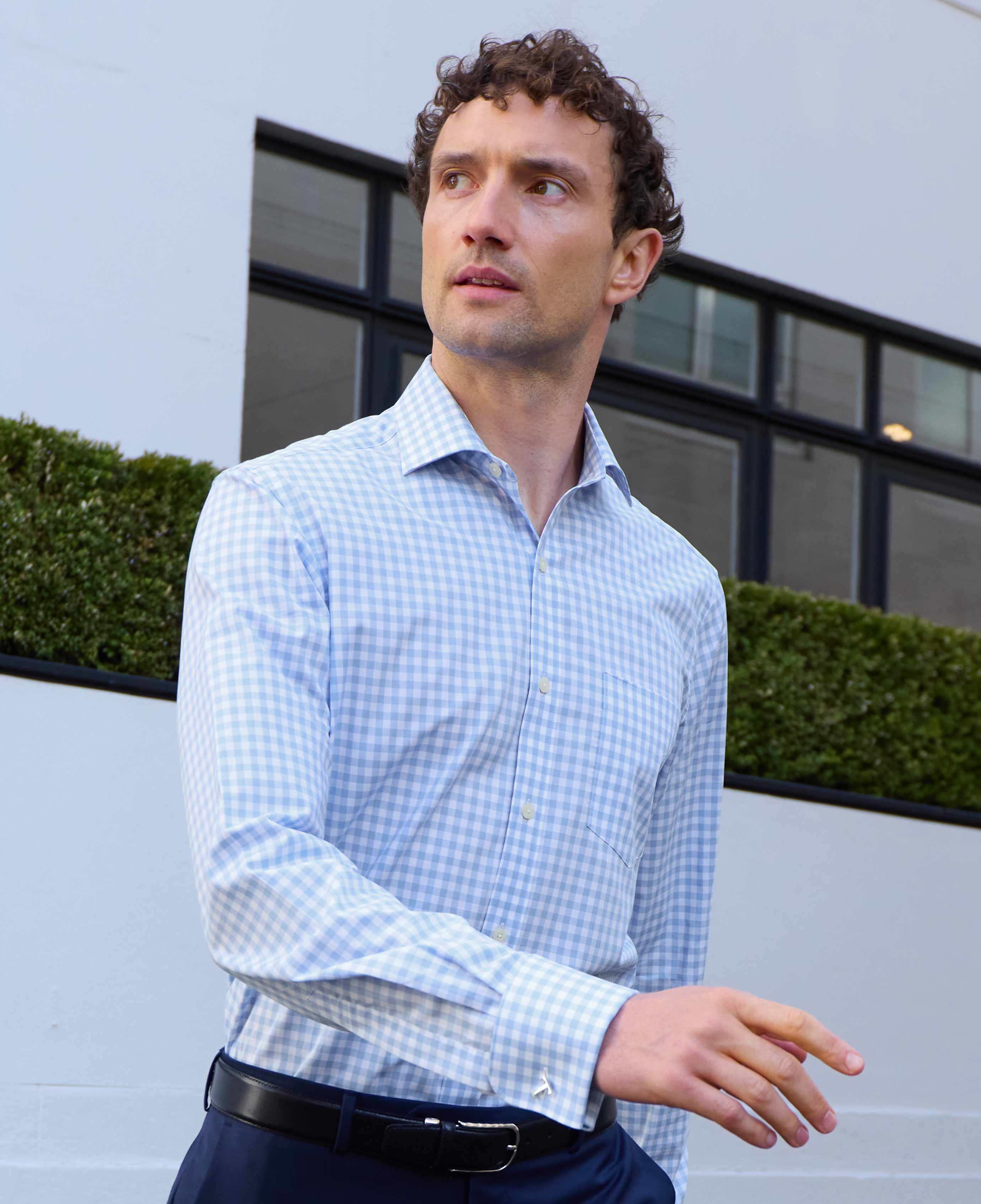 Sky Blue White Cotton Gingham Check Classic Fit Formal Shirt - Double Cuff - Image 4