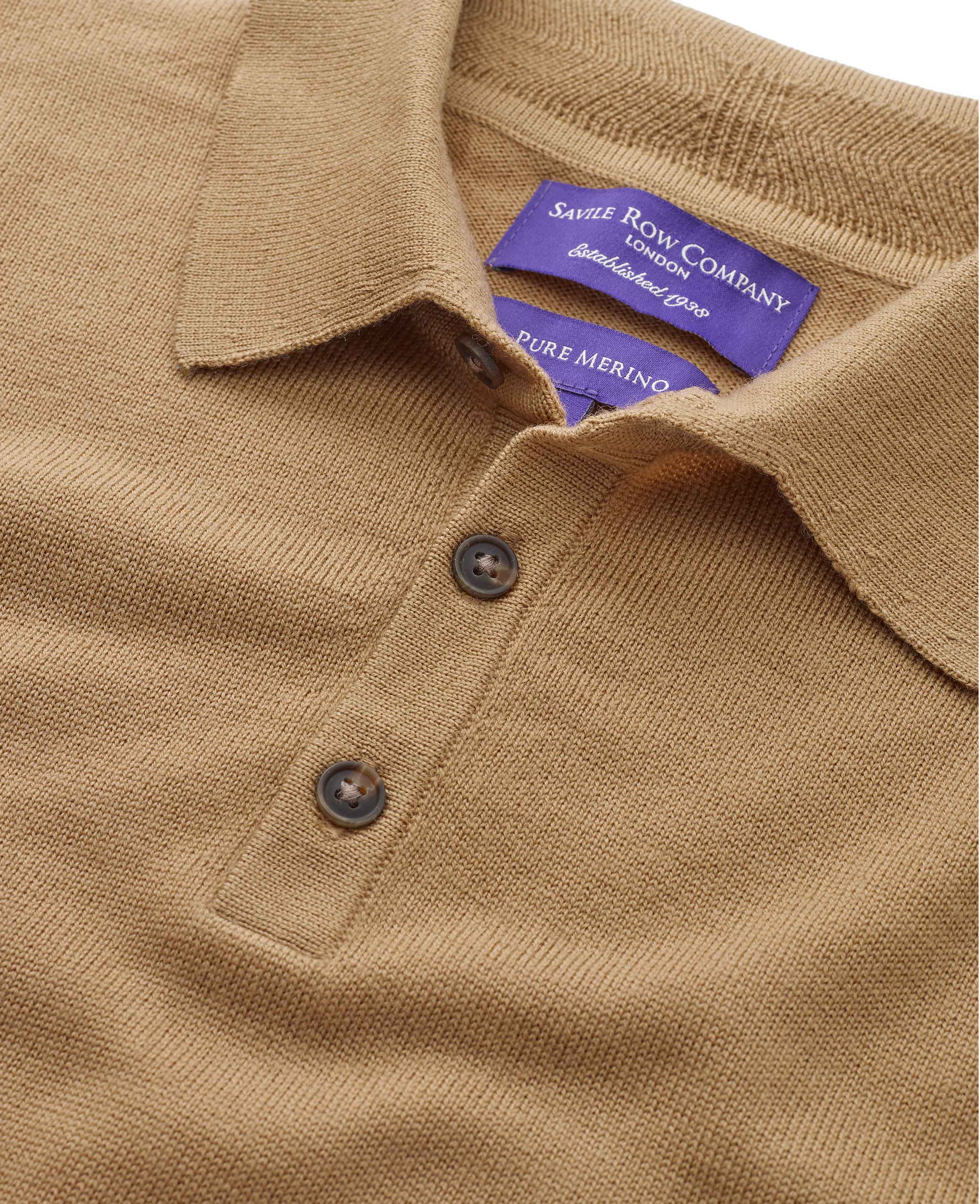 Tan Merino Wool Knitted Polo Shirt - Image 3