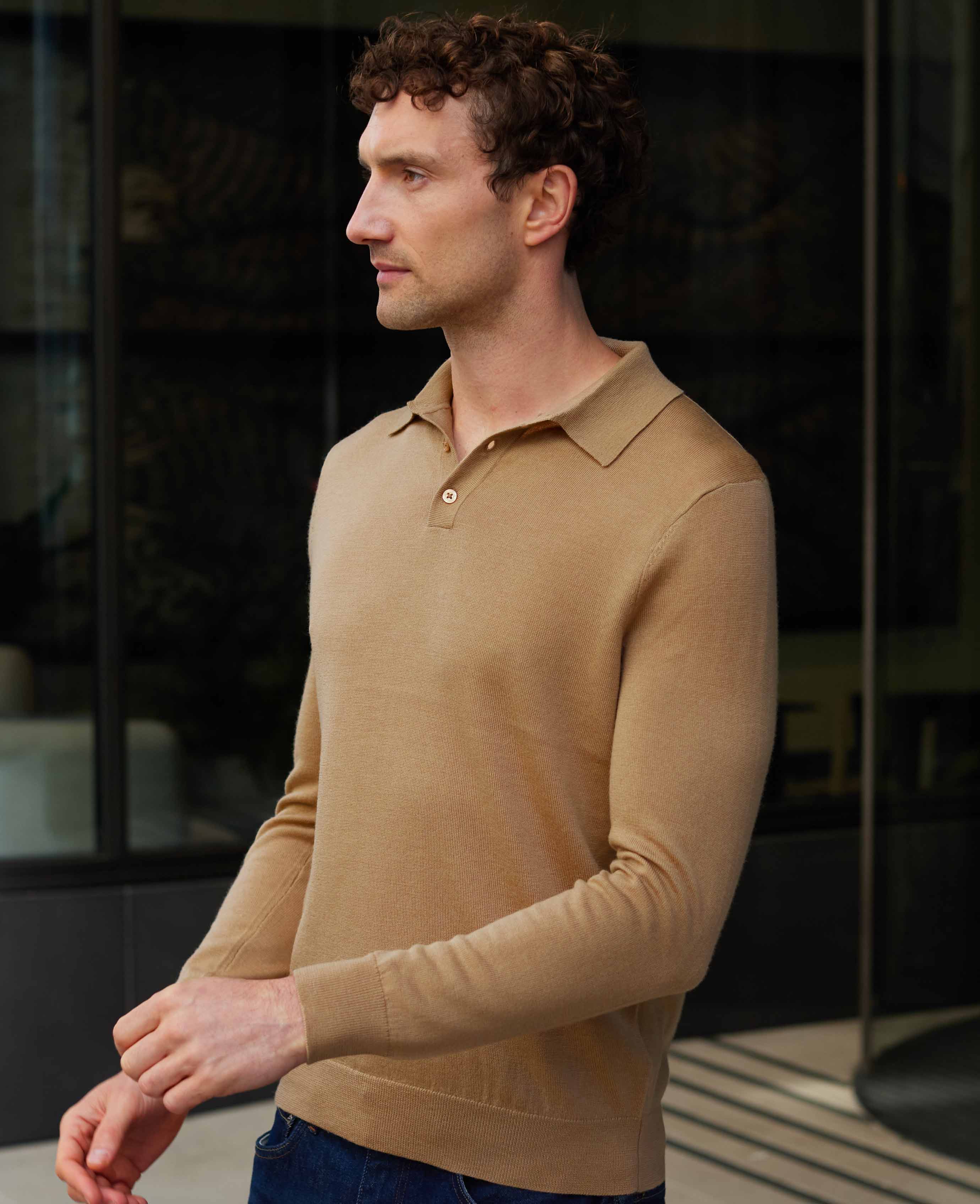 Tan Merino Wool Knitted Polo Shirt - Image 4
