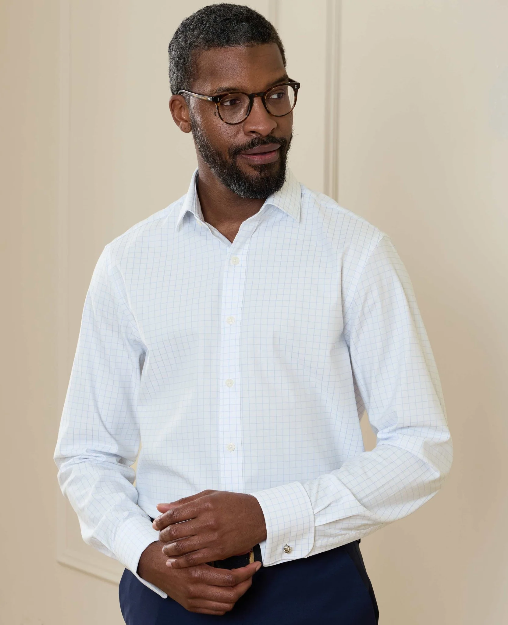 White Blue Cotton Twill Window Check Slim Fit Formal Shirt - Double Cuff - Image 4