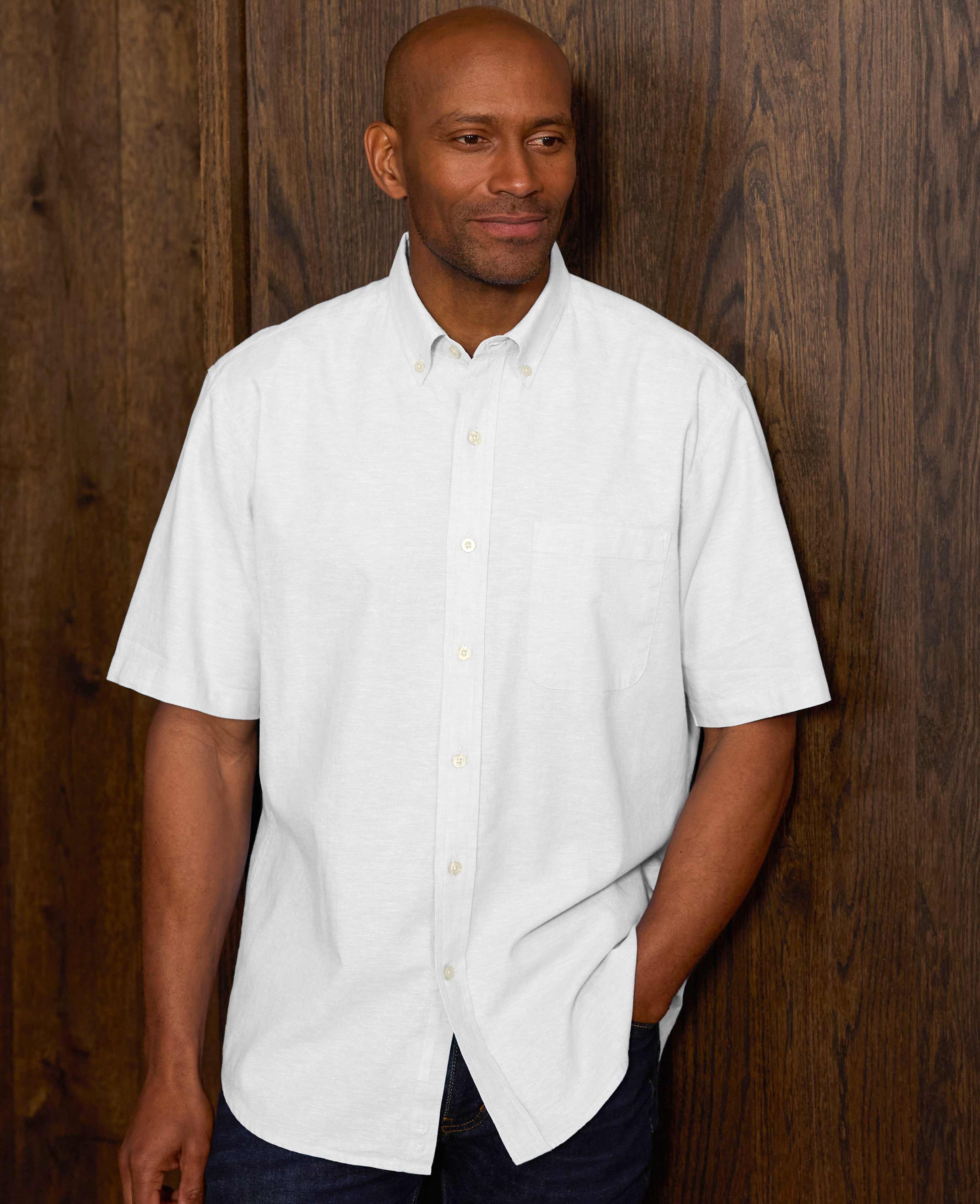White Linen-Blend Classic Fit Short Sleeve Shirt - Image 3