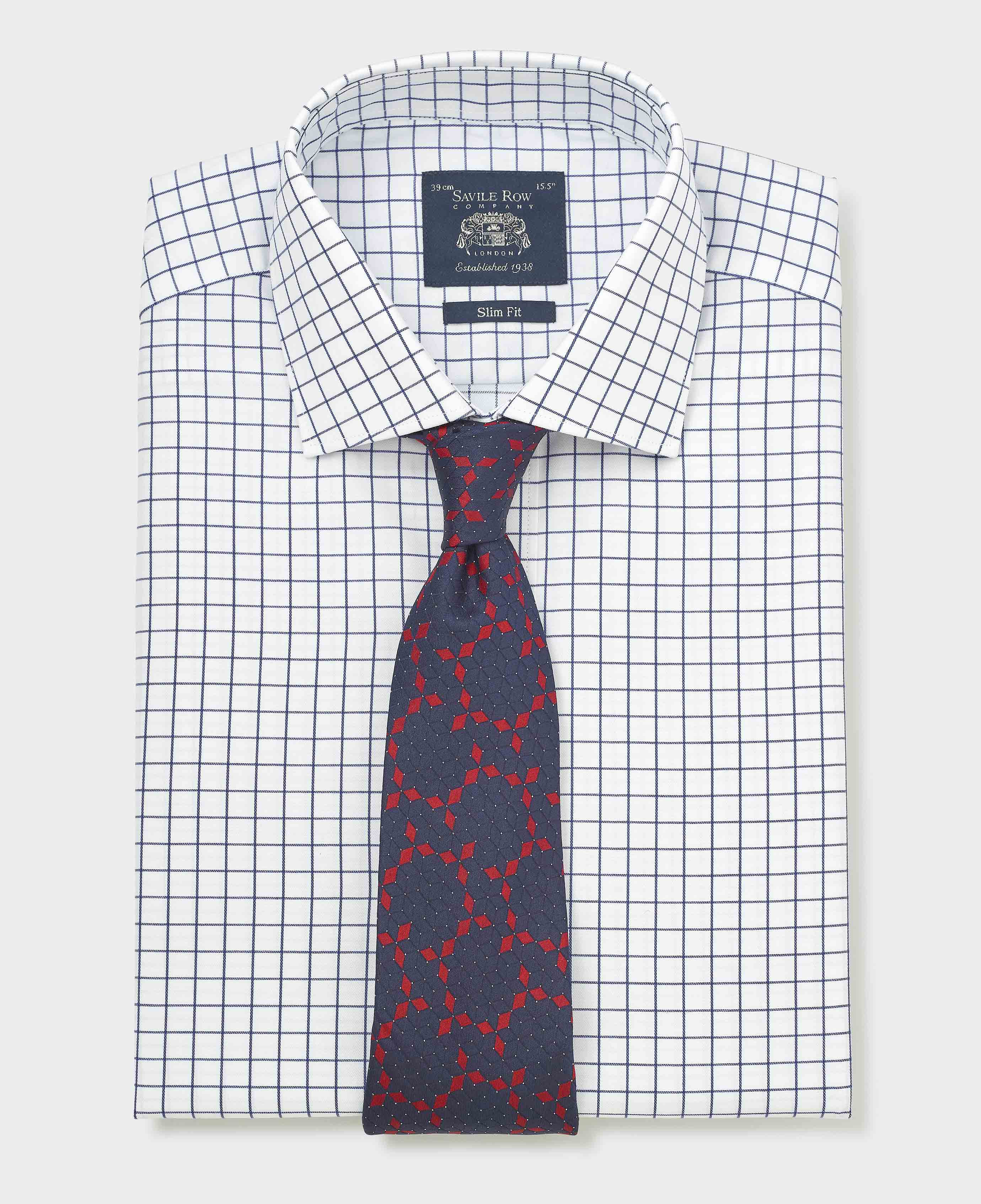 White Navy Cotton Twill Window Check Slim Fit Formal Shirt - Double Cuff - Image 6